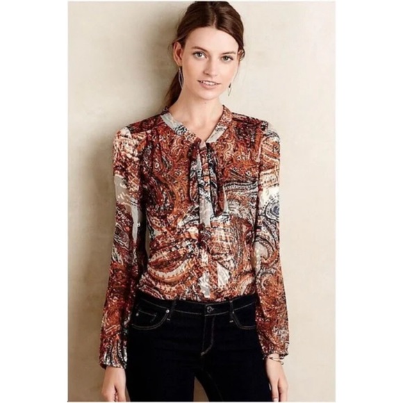 Meadow Rue Anthropologie Briarcliff Button Down Blouse Size Medium Tie Neck - Picture 1 of 10